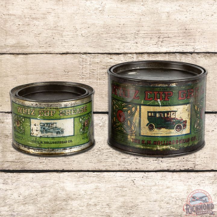 Group of 2 Whiz Cup Grease Cans w/ Early Automobiles