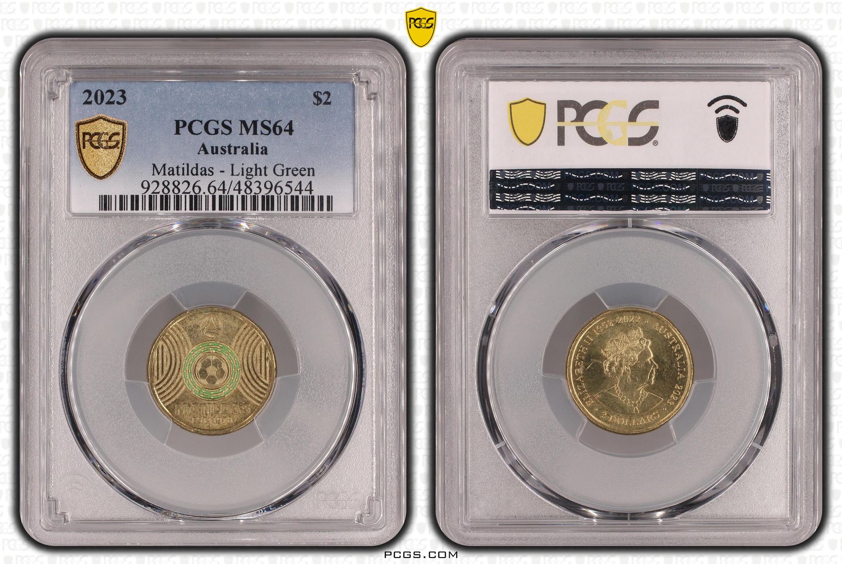 Elizabeth II, Matildas - Light Green, Two Dollar, 2023, PCGS MS64