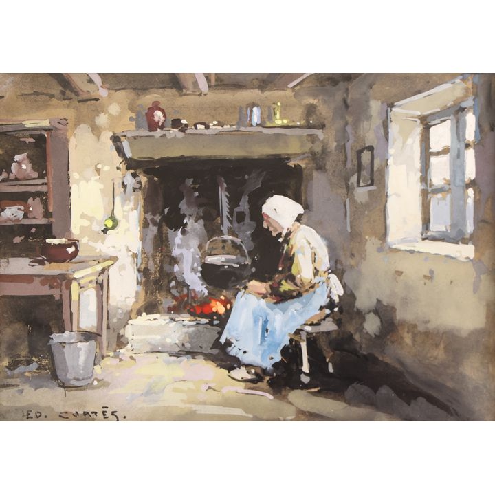 Edouard Cortes ''Femme Pres de L'atre'' Gouache