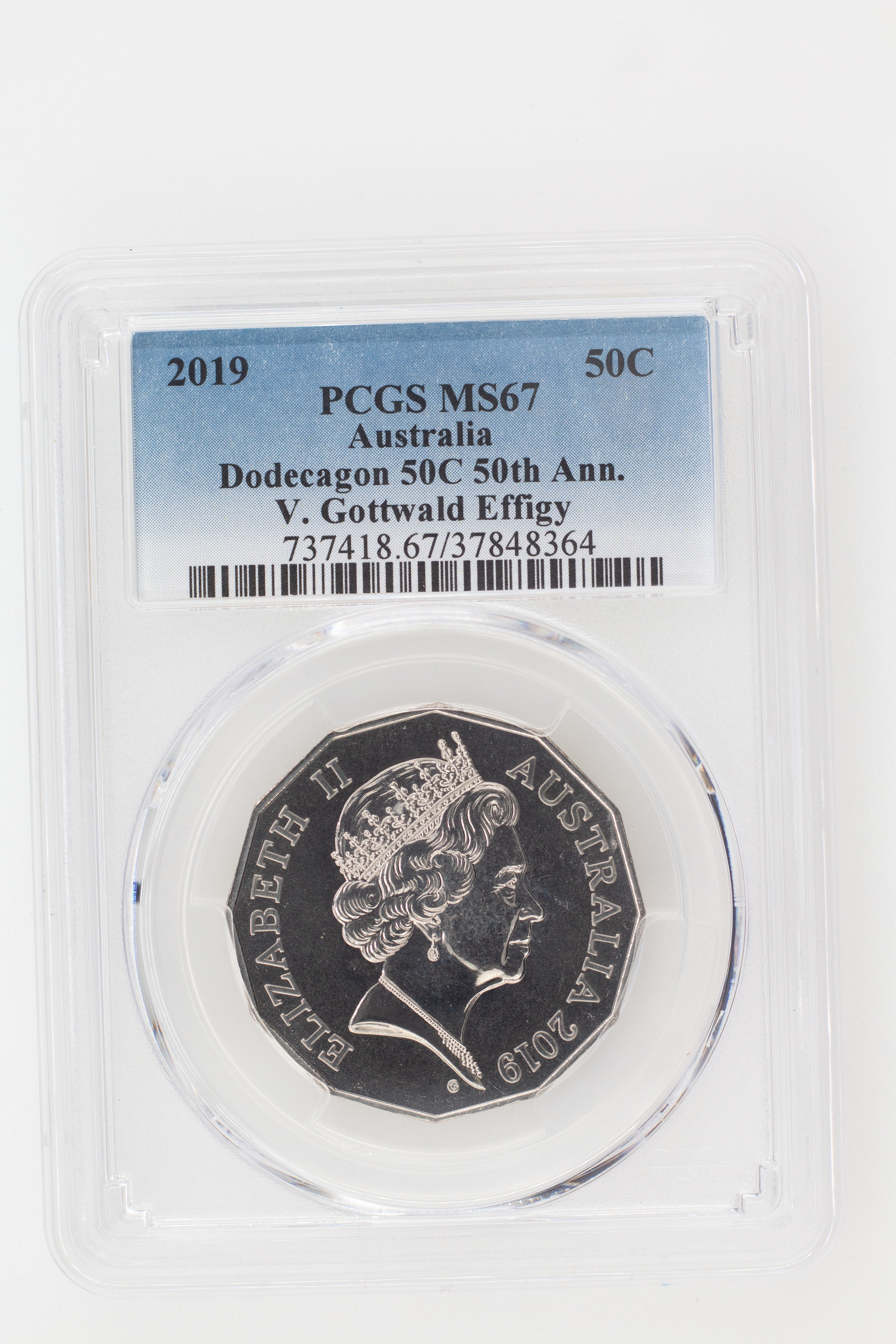 2019 Australia Fifty Cent, 50c Dodecagon 50C 50th Ann. V. Gottwald Effigy PCGS - MS67 -364