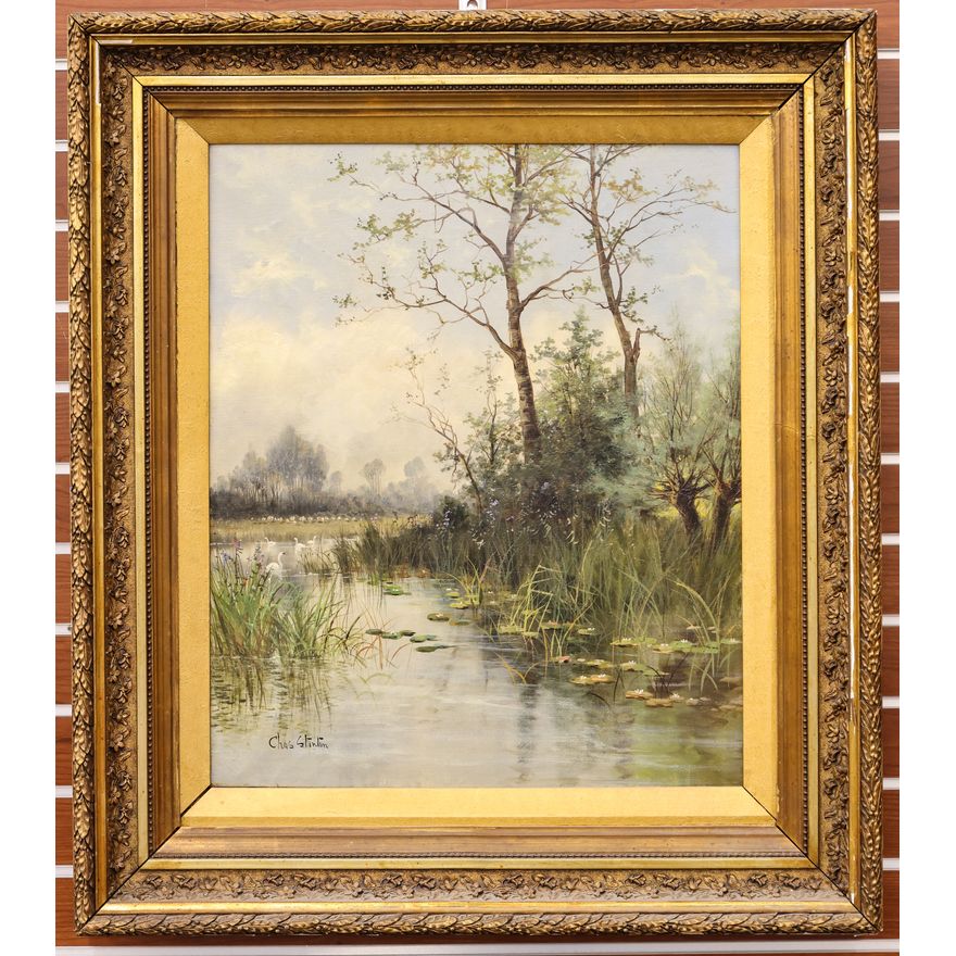 Antique Charles Stanton ''Pond Scene'' Oil Painting Framed 33''x29''