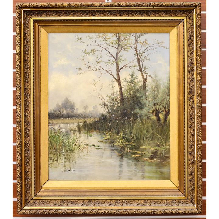 Antique Charles Stanton ''Pond Scene'' Oil Painting Framed 33''x29''
