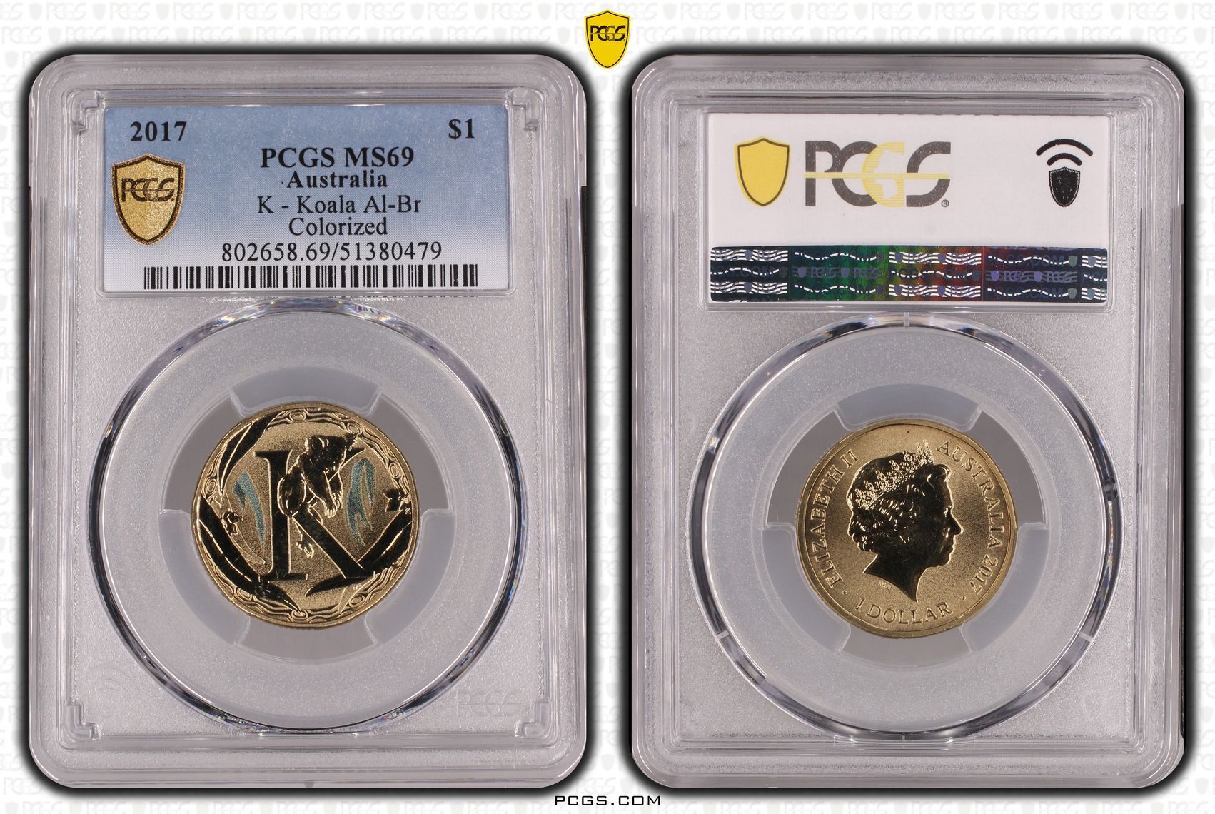 K - Koala Al-Br Colorized, One Dollar, 2017, PCGS MS69