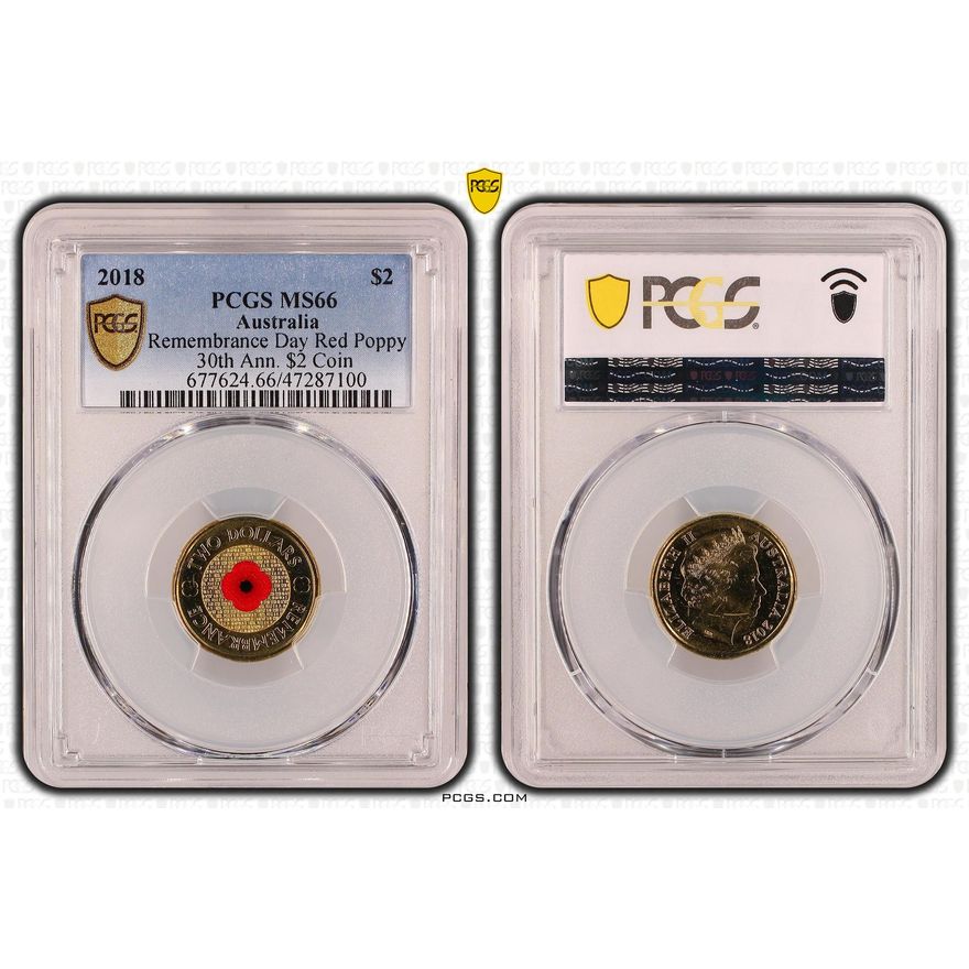 Elizabeth II, Remembrance Day Red Poppy 30th Ann. $2 Coin, Two Dollar, 2018, PCGS MS66