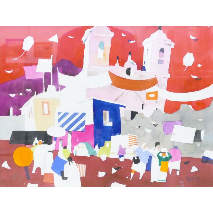 M. Hewitt ''Street Scene'' 1987 Watercolor Framed 24''x29''