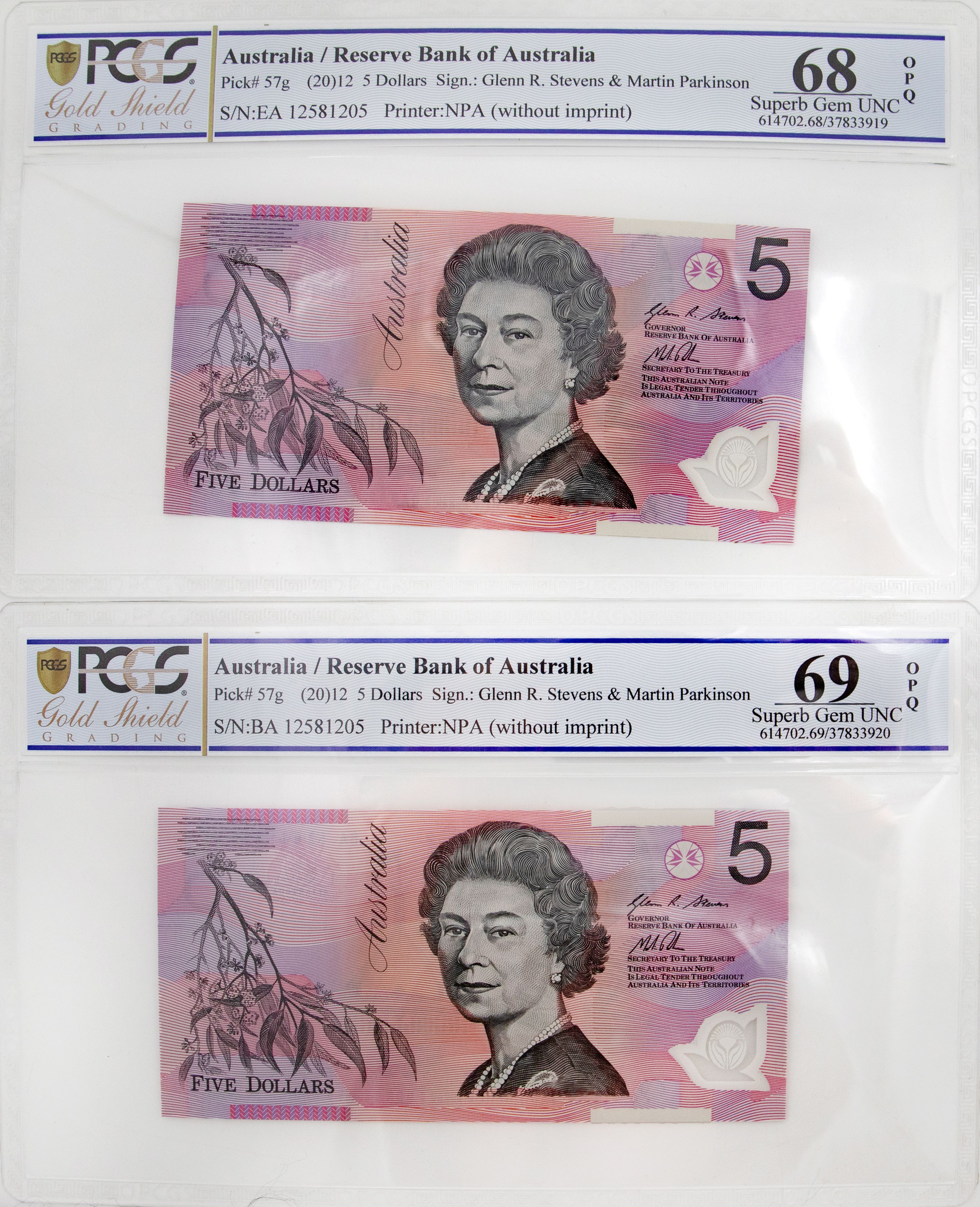 Stevens/ Parkinson, Matching Serial First and Last Prefix Pair, Five Dollar, 2012, PCGS Superb Gem UNC 69 PPQ