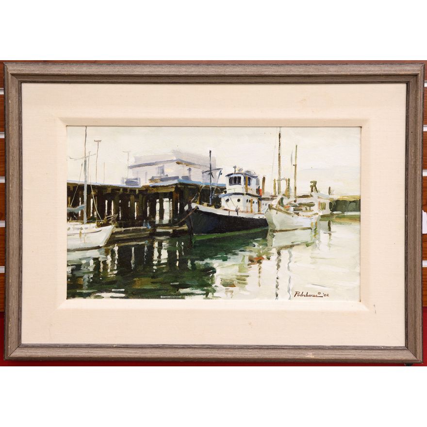 John Podrebarac (WA) ''Fishing Boats'' 1982 Oil on Masonite Framed 20''x27''