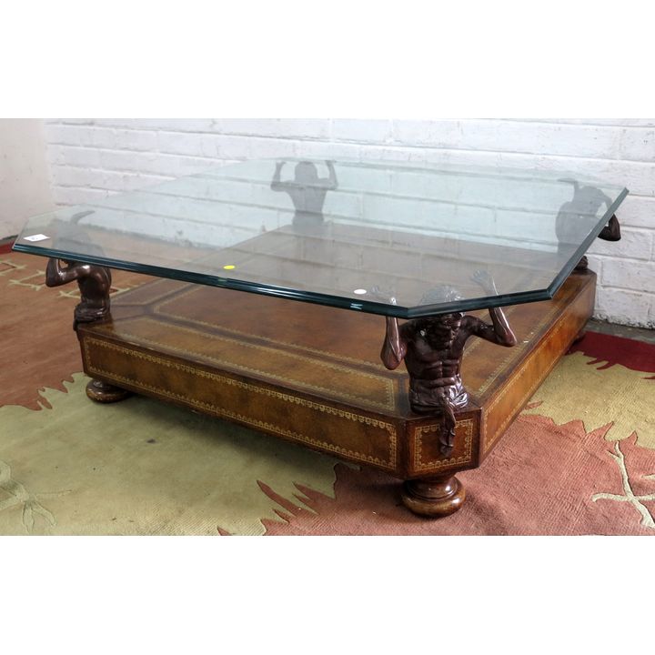 GLASS TOPPED LEATHER OVERLAID COFFEE TABLE