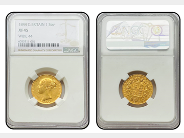 1844 VICTORIA YOUNG HEAD 'WIDE DATE' SHIELD GOLD SOVEREIGN NGC XF45