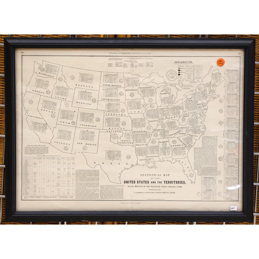 Antique Harper's Weekly US and Territories Map Framed 18''x24''