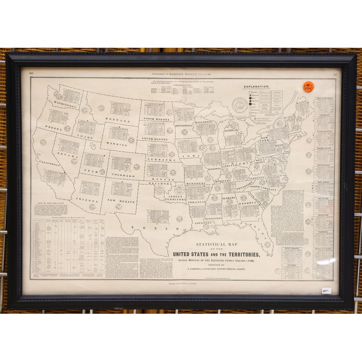Antique Harper's Weekly US and Territories Map Framed 18''x24''