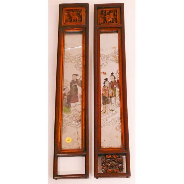 Pair Antique Chinese Reverse Painted Rosewood Panels- AS IS- 27x4'' each