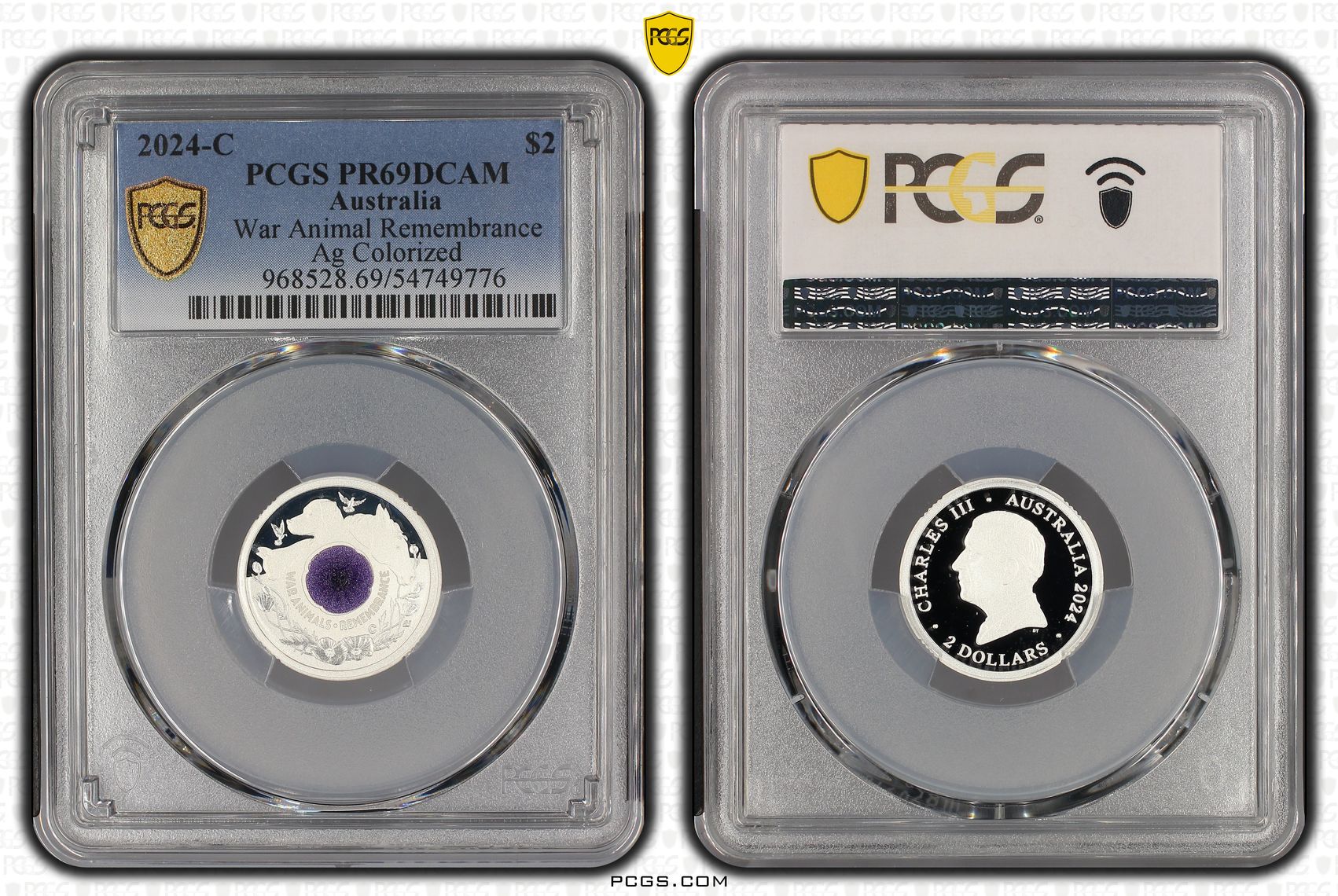 War Animal Remembrance Silver Colourised, Two Dollars, 2024-C, PCGS PR69DCAM