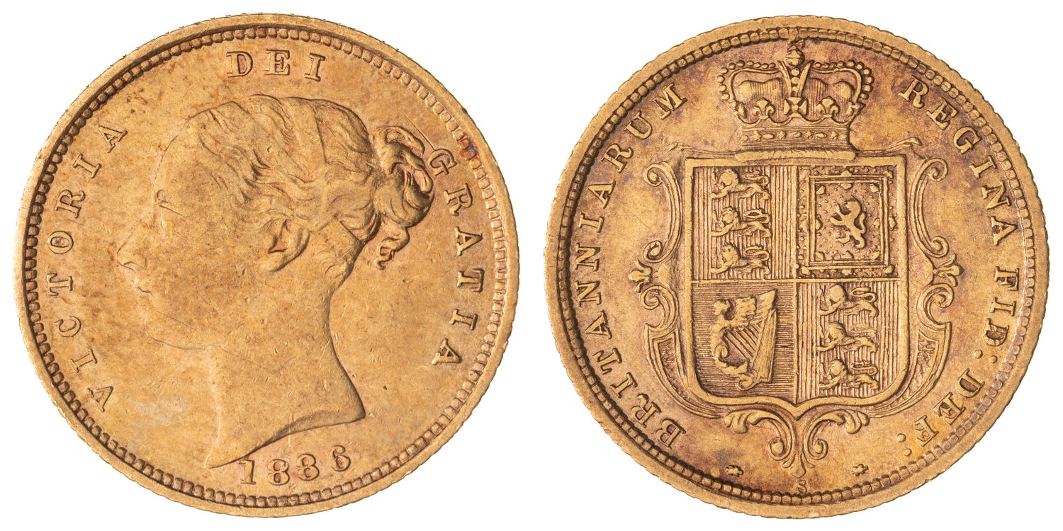 Victoria, Shield Reverse - Young Head , Half Sovereign, 1886-S, Fine
