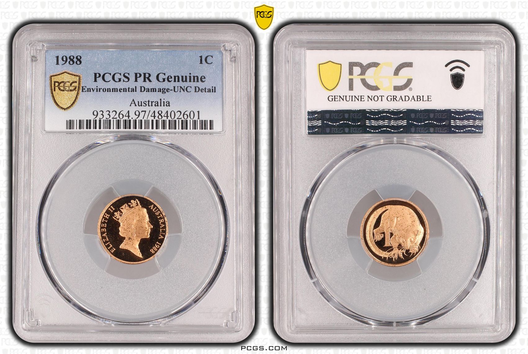100 · Elizabeth II, One Cent, 1988, PCGS PR Genuine  - UNC Details (97 - Environmental Damage)