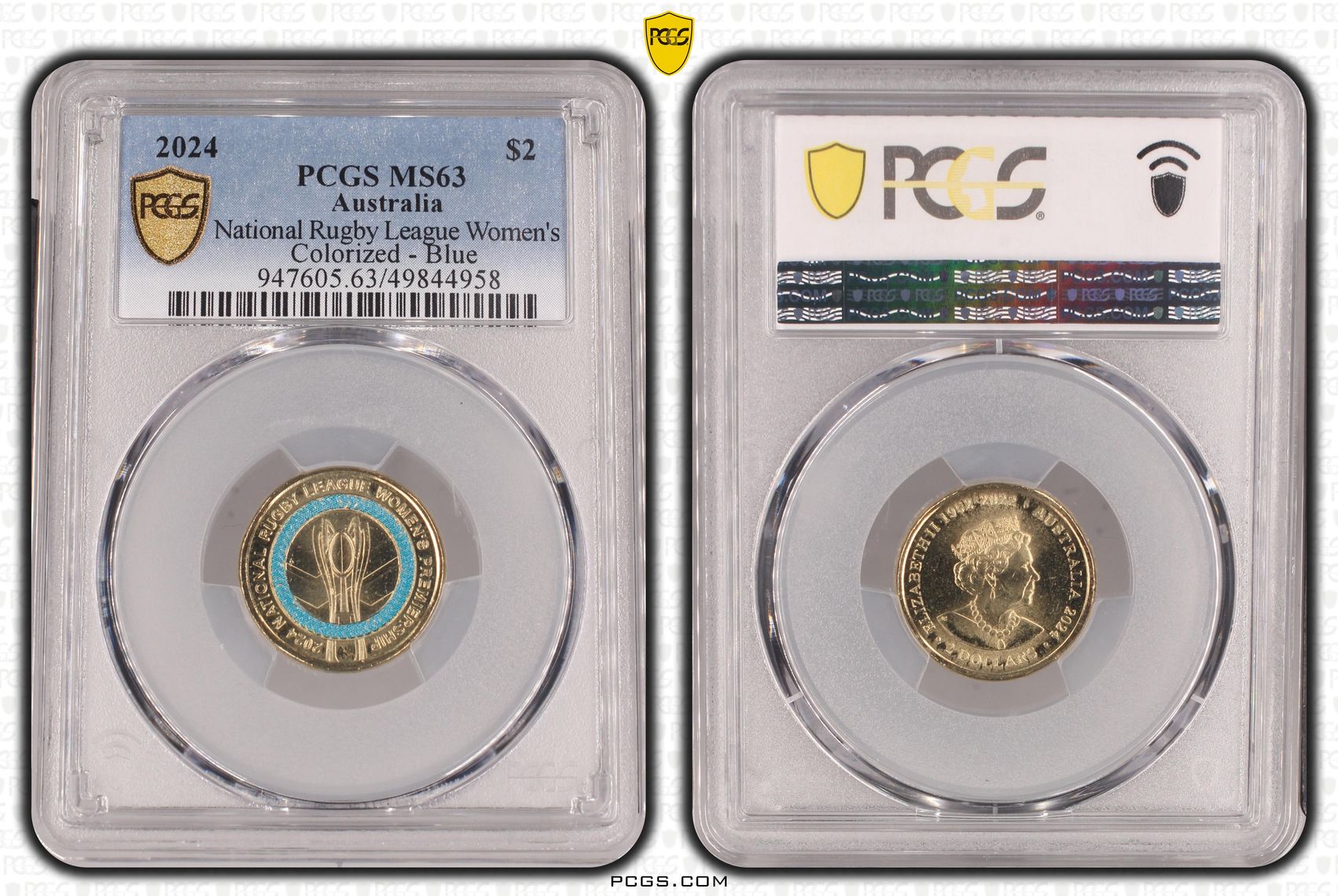 Elizabeth II, National Rugby League Women's Colorized - Blue , Two Dollar, 2024, PCGS MS63
