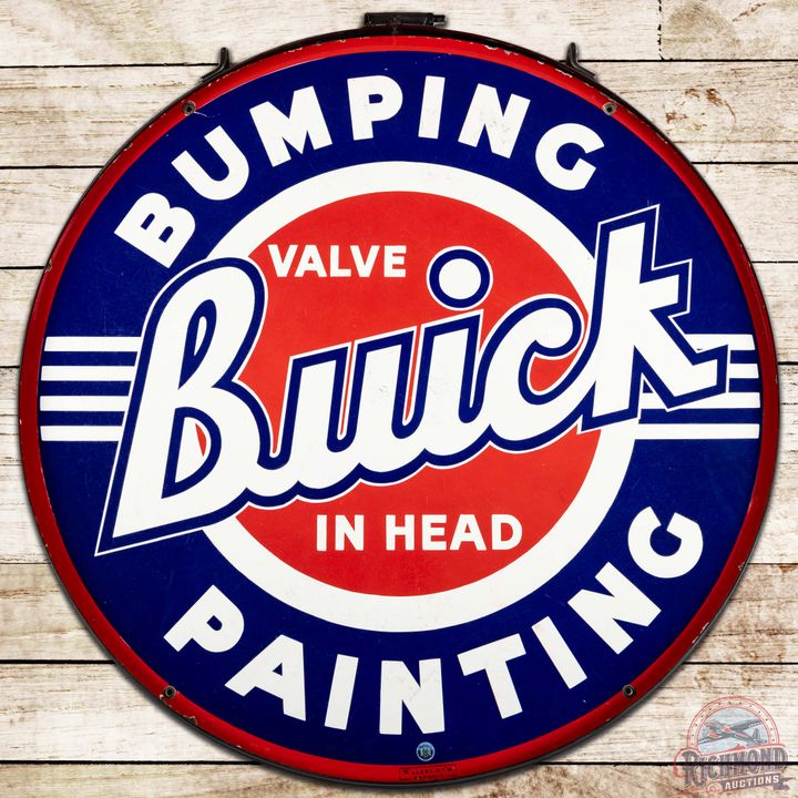 Rare Buick Valve in Head Bumping Painting 42" DS Porcelain Sign in Ring