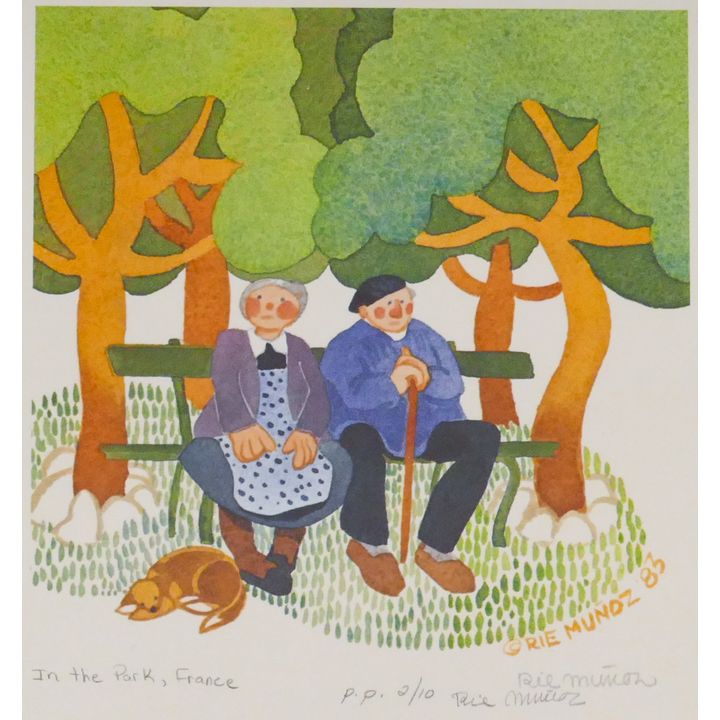 Rie Munoz ''In the Park, France'' 1983 Signed Print 9'' x 8.75'' Sheet. Printers Proof.