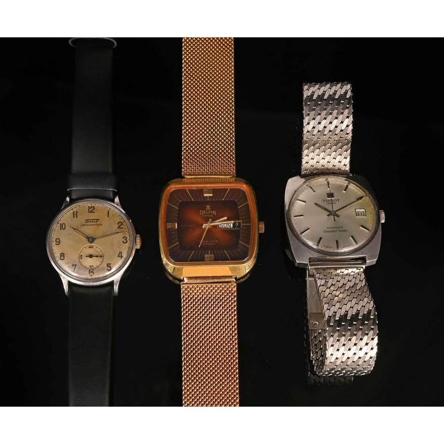 Three wrist watches comprising Delfin Edox automatic New Era 28800 gold tone stainless steel 34mm Russell Kaplan Auctioneers