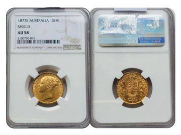 1877 Queen Victoria Young Head Sydney Mint Shield Gold Sovereign. Graded by NGC Graded AU58