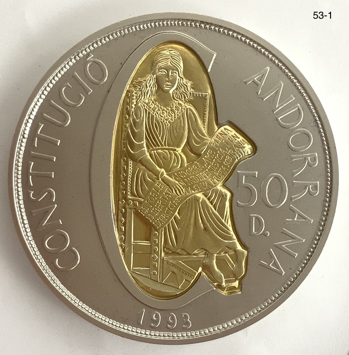 硬貨 アンドラ-Andorra. 未使用. 新憲法制定 50ディナール金・銀2色貨 1993年 KM104 | Taisei Auction
