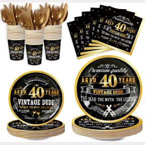 168 PCS VINTAGE 40TH PARTY TABLEWARE SET, BLACK GOLD VINTAGE HAPPY 40 BIRTHDAY TABLECLOTH 24 GUESTS DINNER PLATES DESSERT PLATE CU