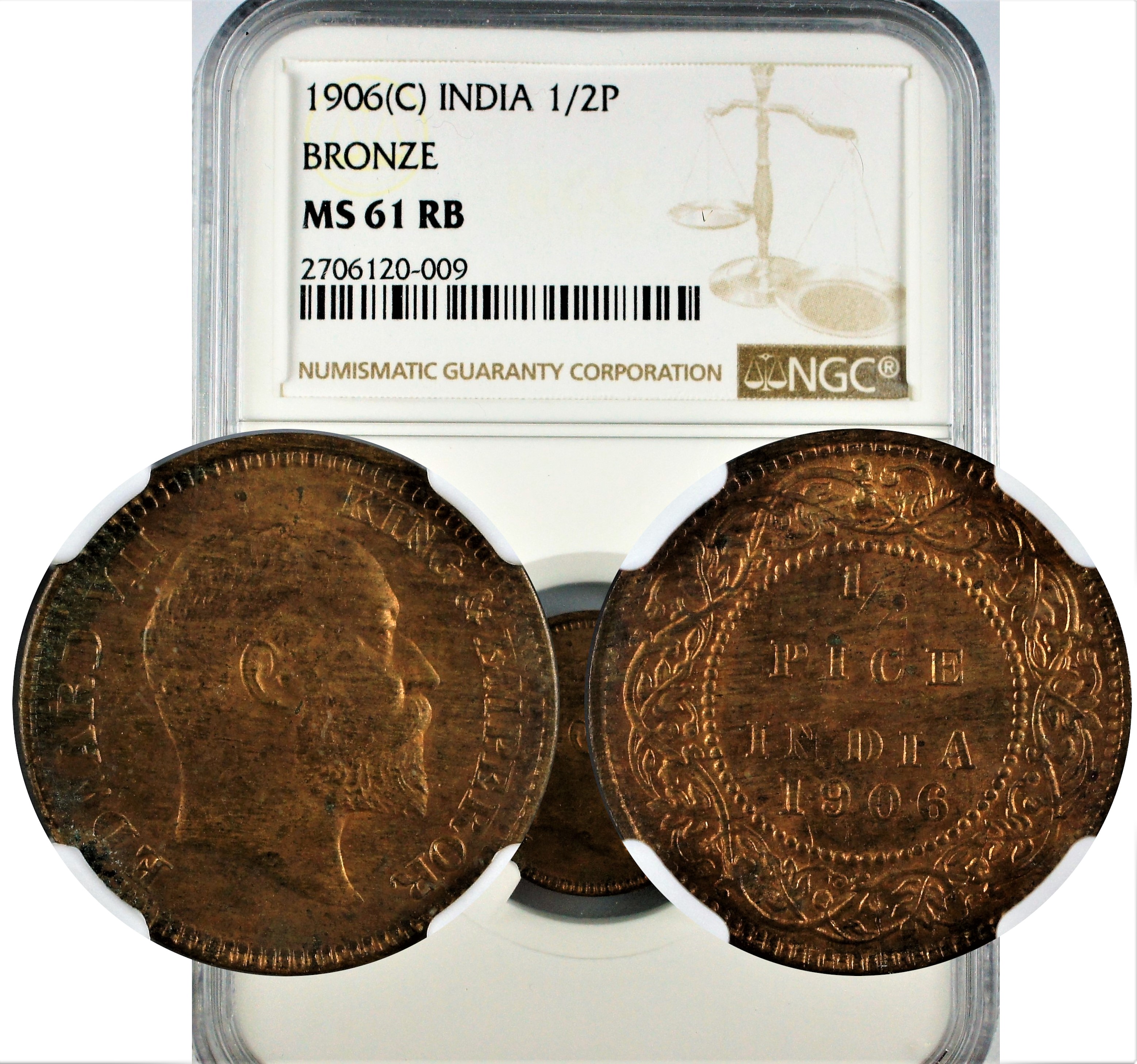 India 1906 C Bronze 1/2 Pice NGC MS61