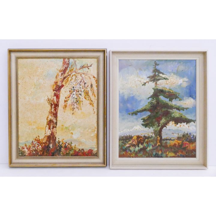 2pc Oskar Kokoschka Attributed Modern Tree Oil Paintings Framed- 23x19'' each
