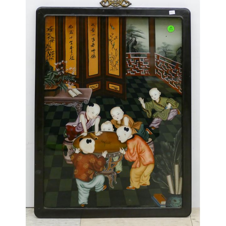 Chinese Reverse Painted Children with Crickets Plaque Framed 23''x17''