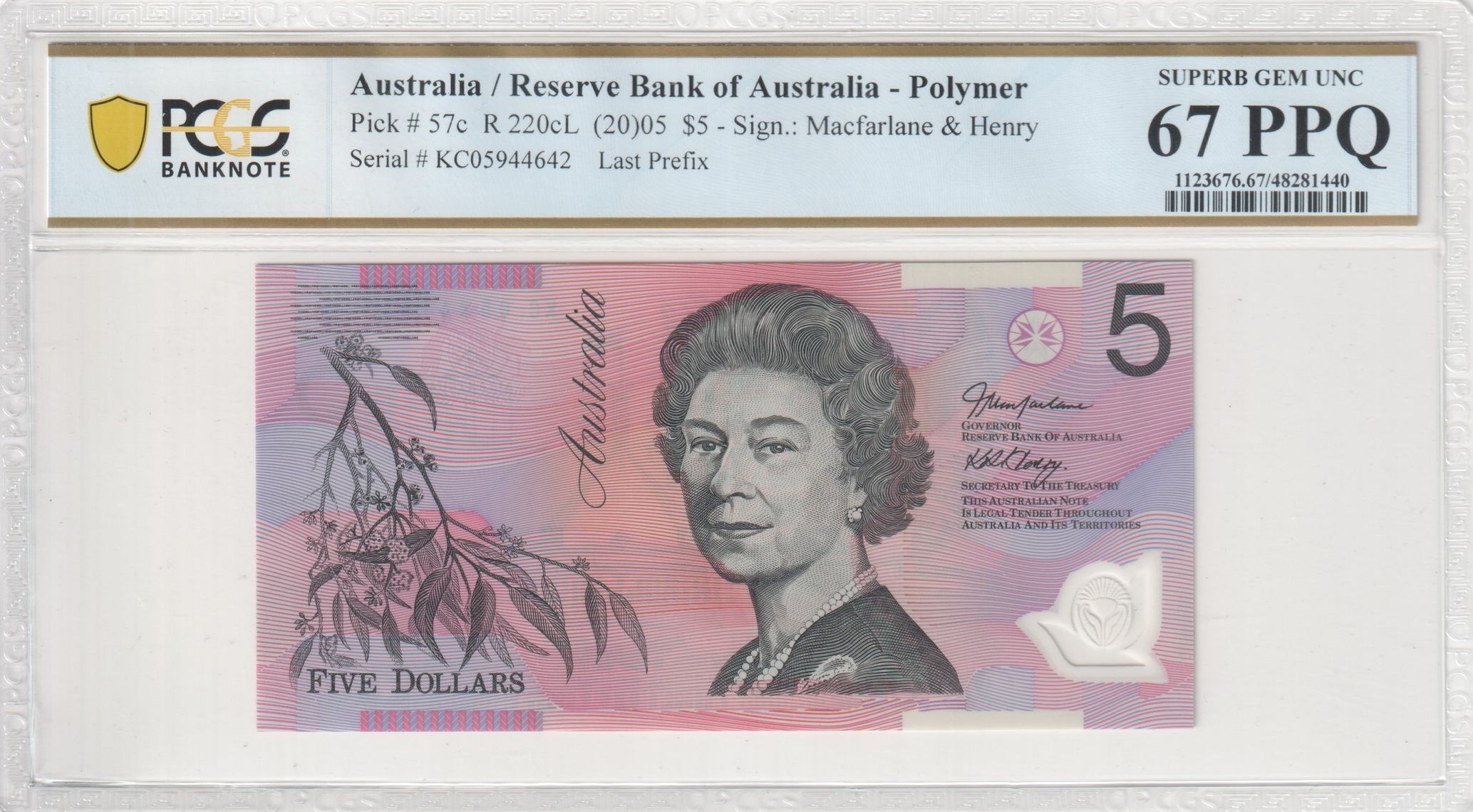 Macfarlane/Henry, Last Prefix, Five Dollar, 2005, PCGS Superb Gem UNC 67 PPQ