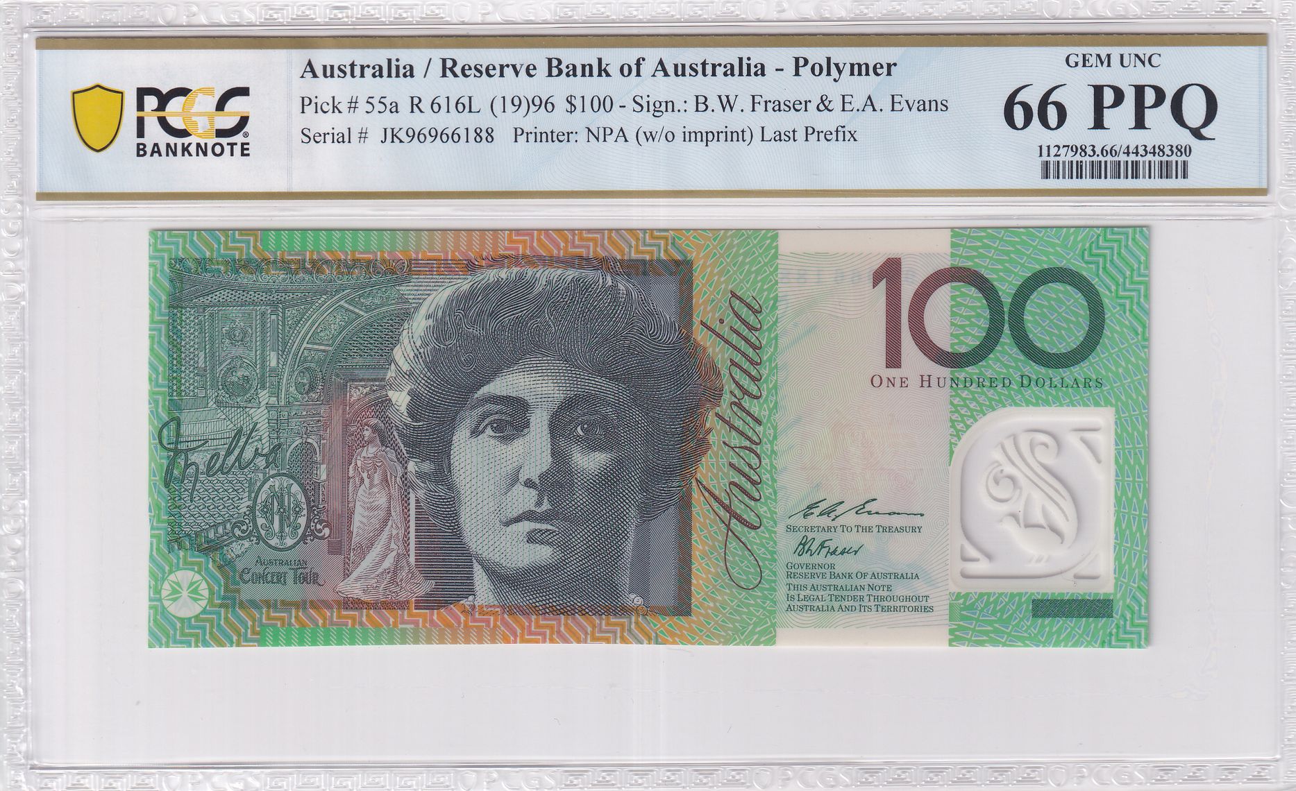 Fraser/Evans, Last Prefix, One Hundred Dollar, 1996, PCGS Gem UNC 66 PPQ