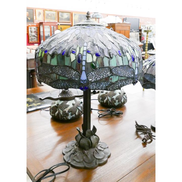 Tiffany Style Dragonfly Jeweled Leaded Glass Table Lamp with Metal Lily Pad Base- 25x17''