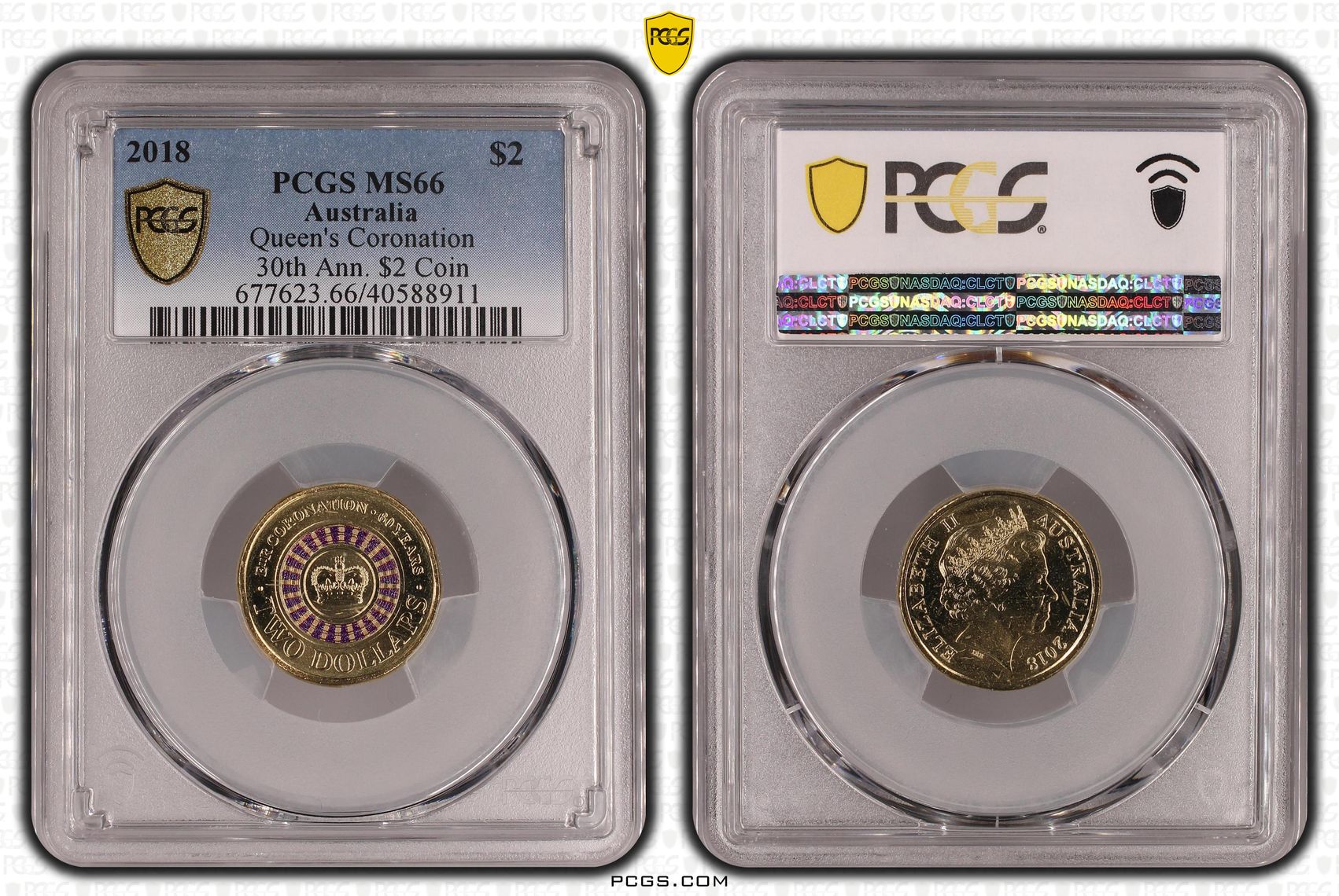 Queen's Coronation Colourised 30th Ann. $2 Coin, Two Dollar, 2018, PCGS MS66