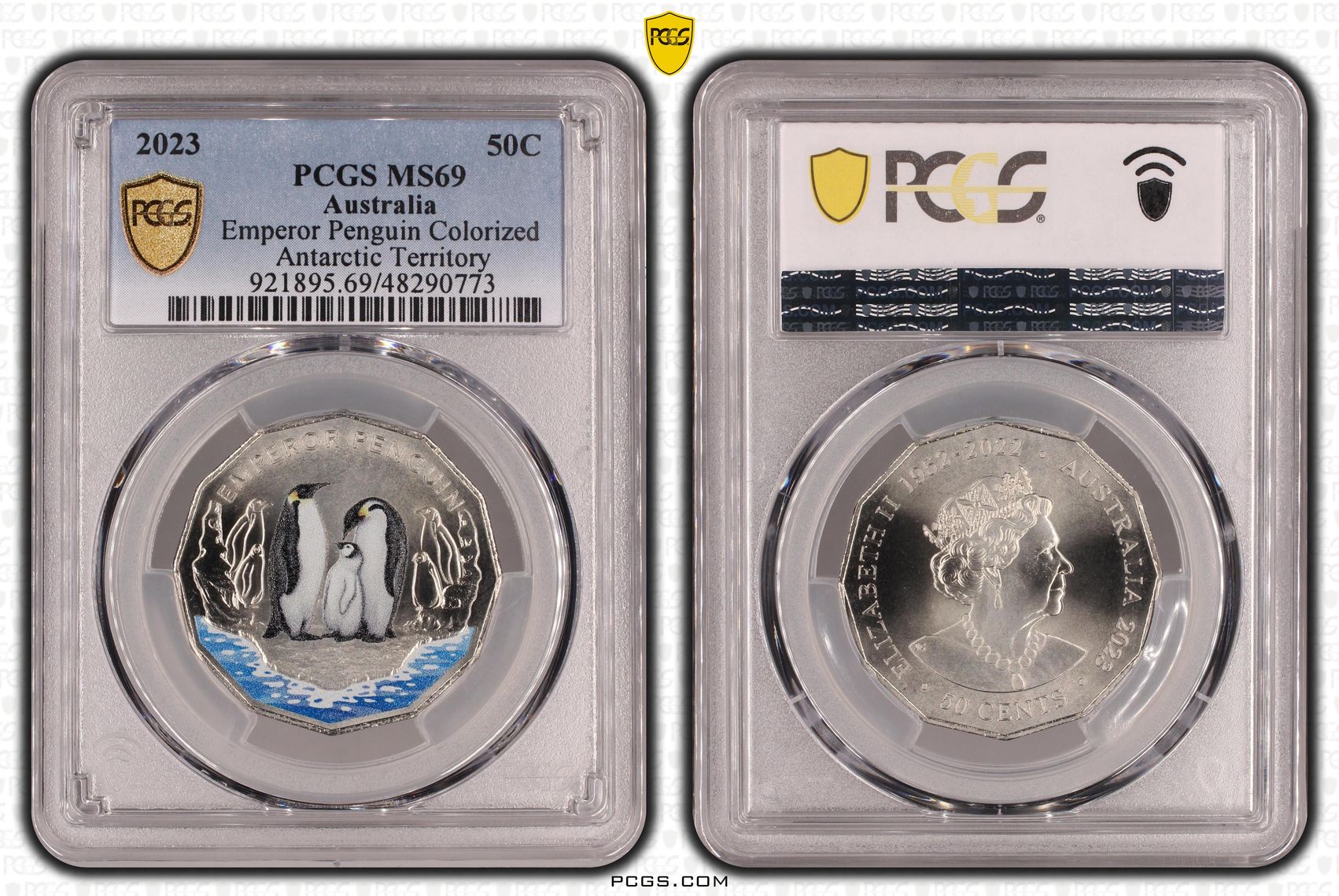 Emperor Penguin Colourised Antarctic Territory, Fifty Cent, 2023, PCGS MS69