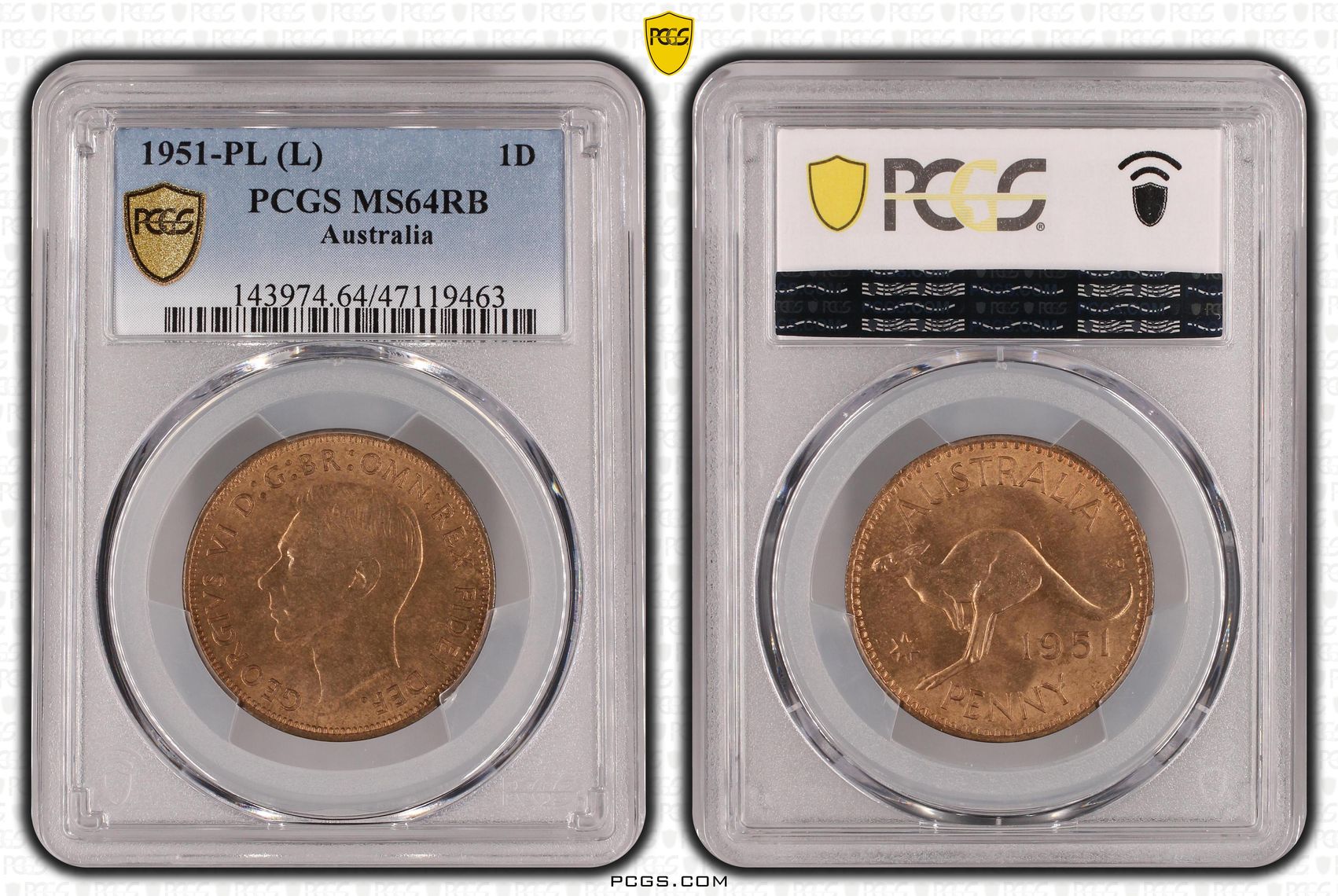 George VI, Penny, 1951-PL, PCGS MS64RB