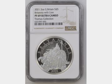 2021 BRITANNIA WITH LION SILVER 2oz PROOF 5 POUND PF69 UCAM THOMAS COLLECTION