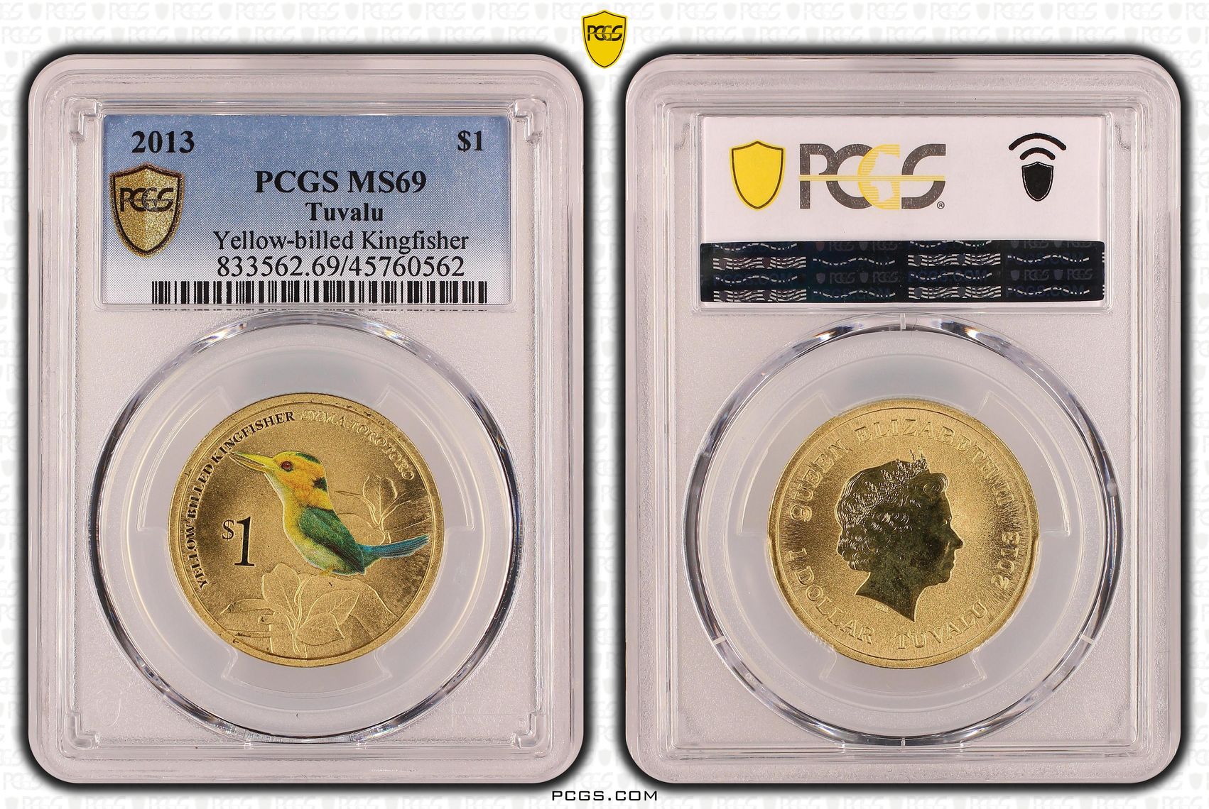 Tuvalu, Yellow-billed Kingfisher, One Dollar, 2013, PCGS MS69