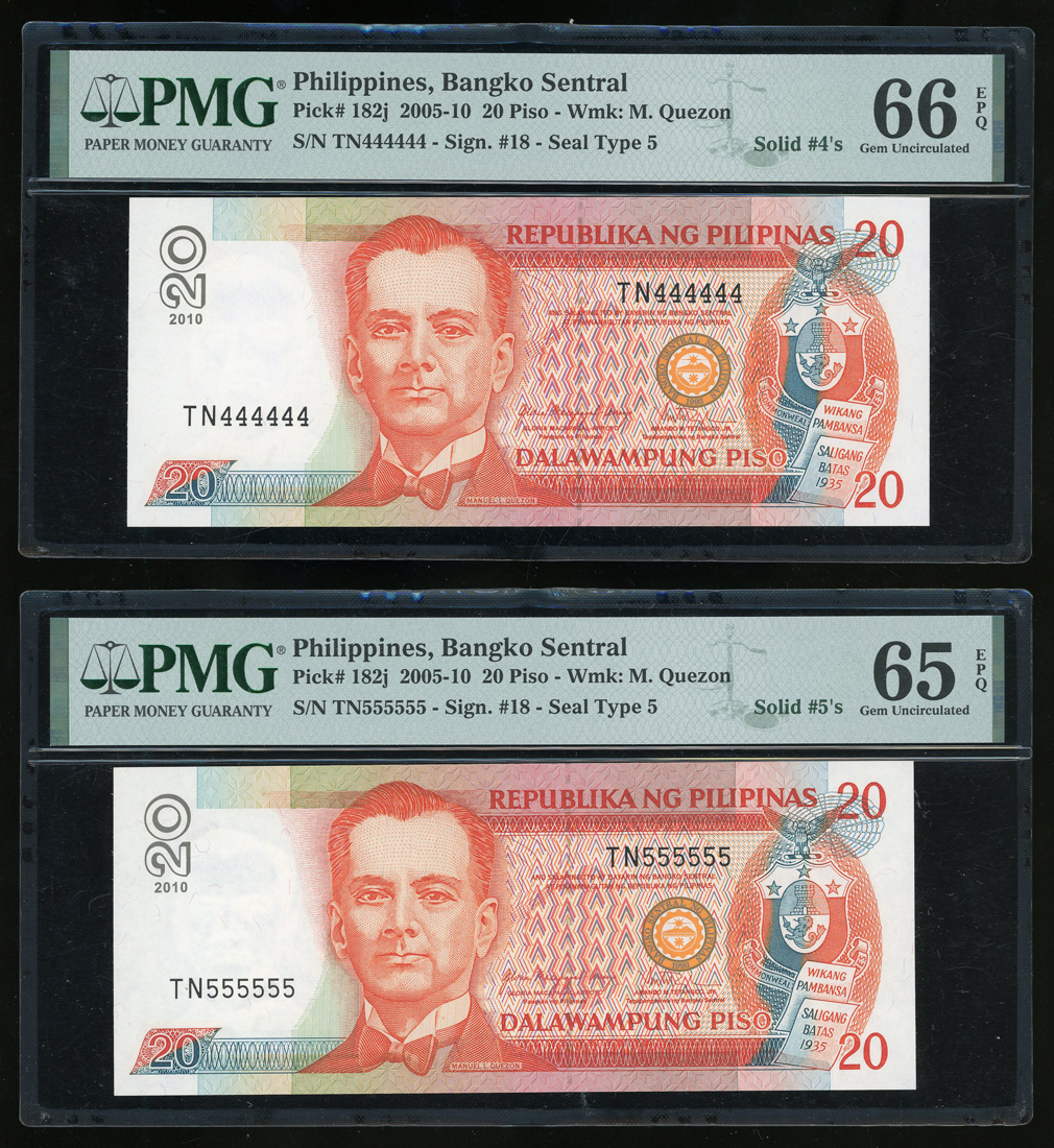 Central Bank of the Philippines, 20 piso (2), 2010, solid serial ...