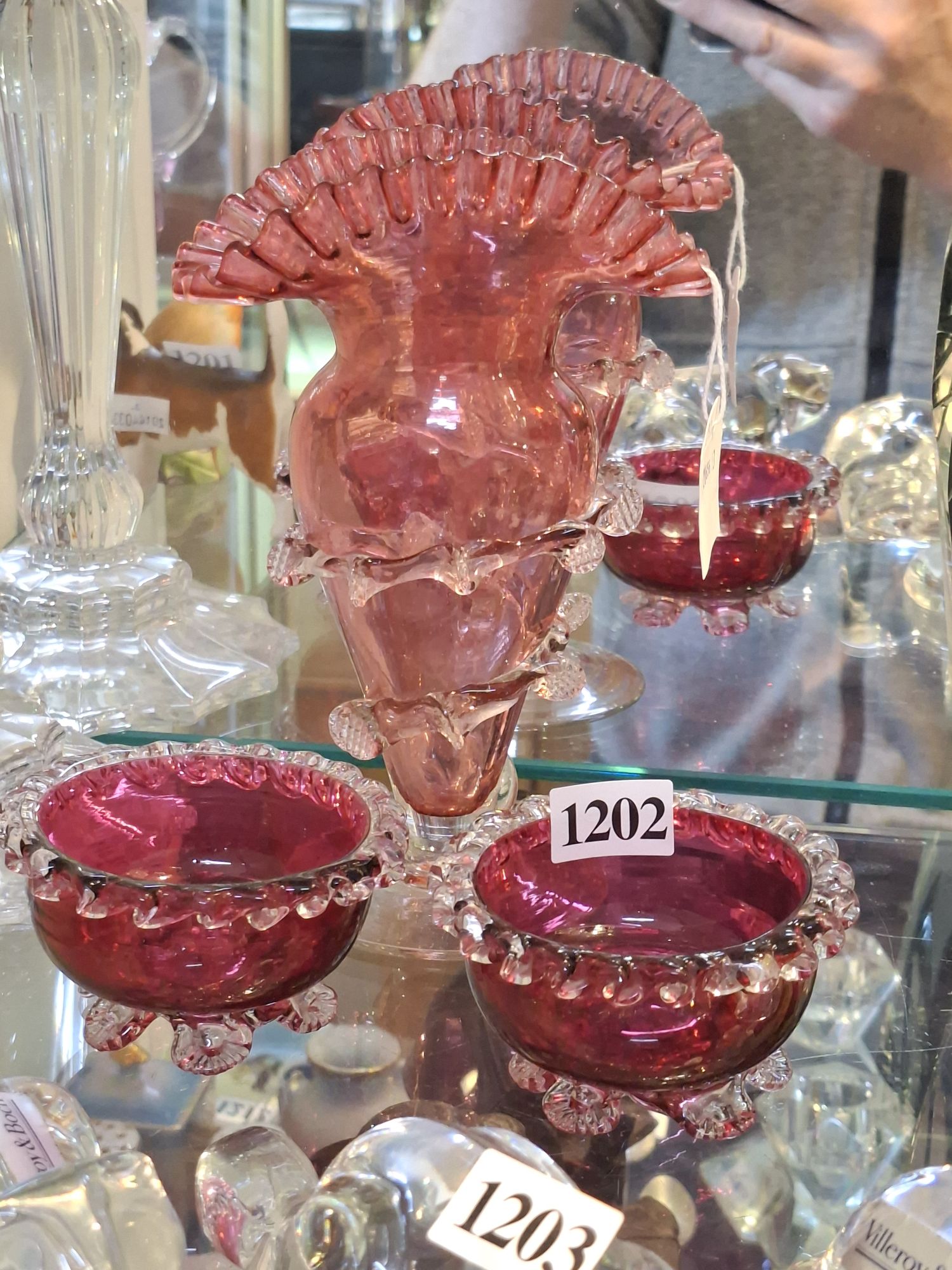 Cranberry Glass Salts And Vase