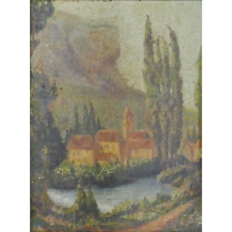 Antique Castle Scene Oil Painting Ornate Framed 15''x11.5''