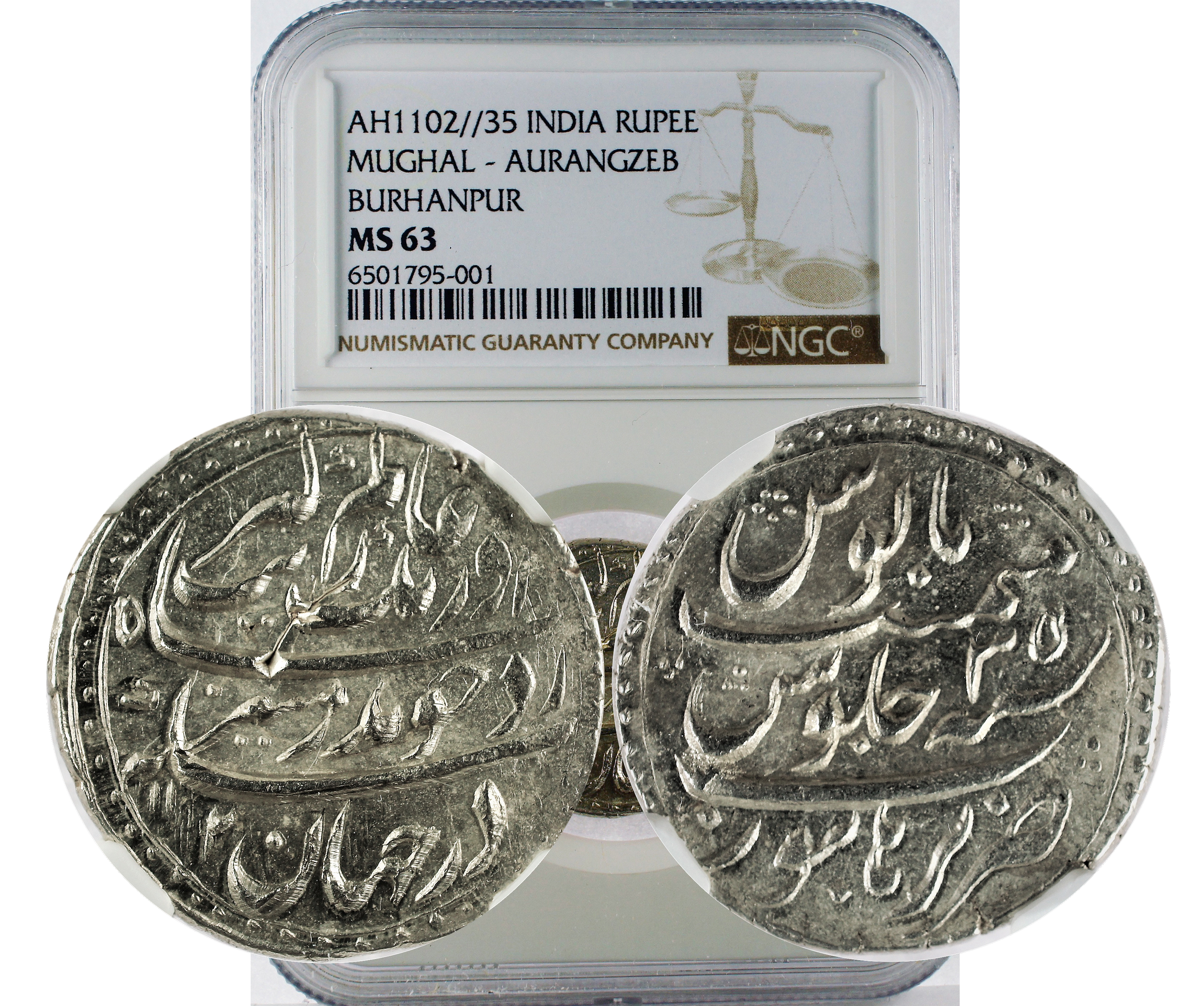 AH1102//35 INDIA MUGHAL - AURANGZEB BURHANPUR RUPEE MS 63