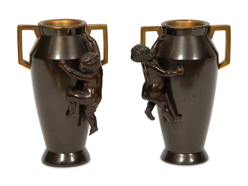  A Pair of French Gilt and Patinated Bronze Two-Handled Vases