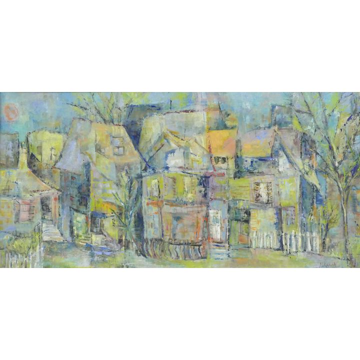 Mid Century M. Kaplan ''Houses'' Oil on Canvas Board Framed 16''x28''