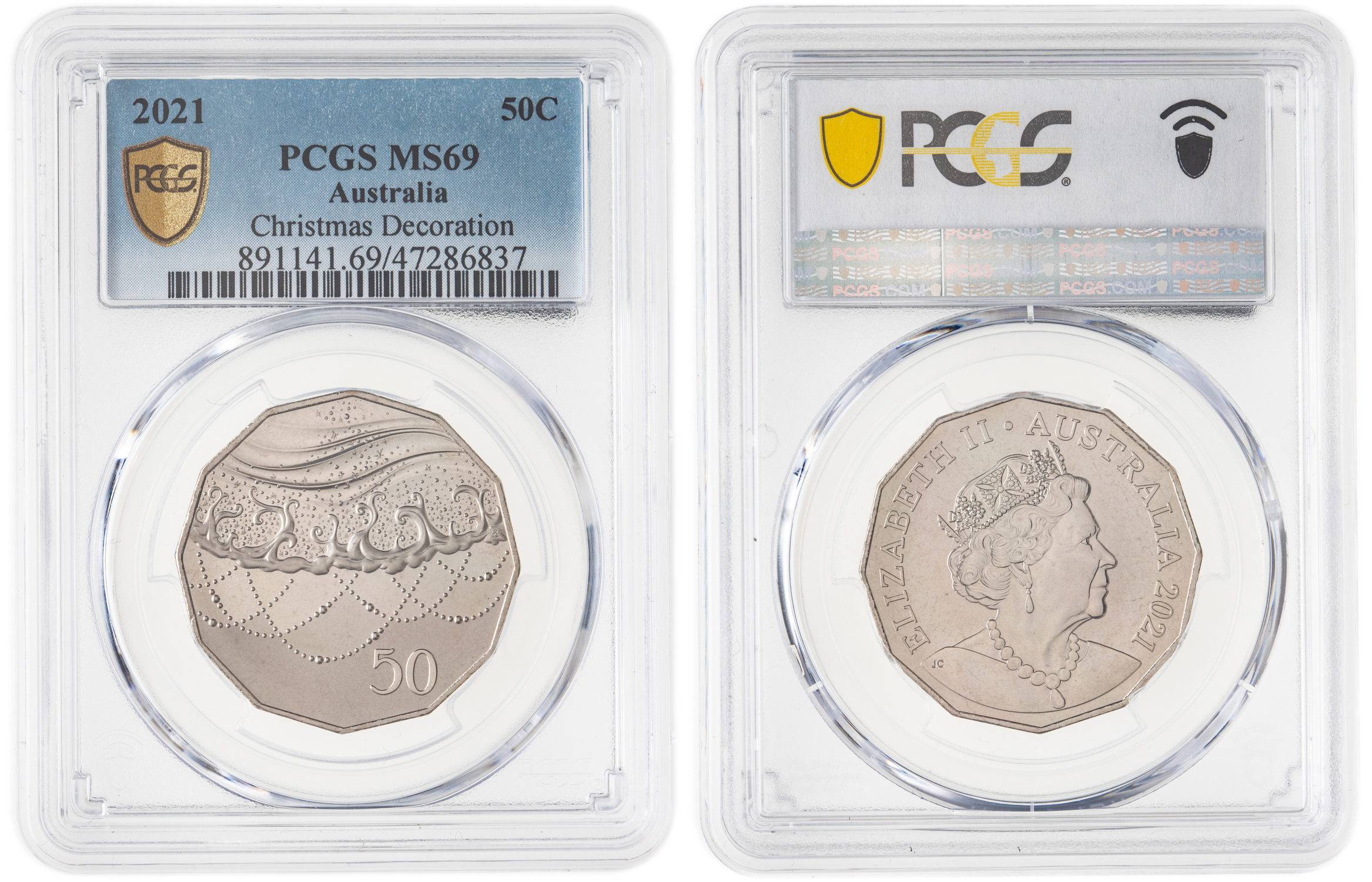 283 · Elizabeth II, Christmas Decoration, Fifty Cent, 2021, PCGS MS69