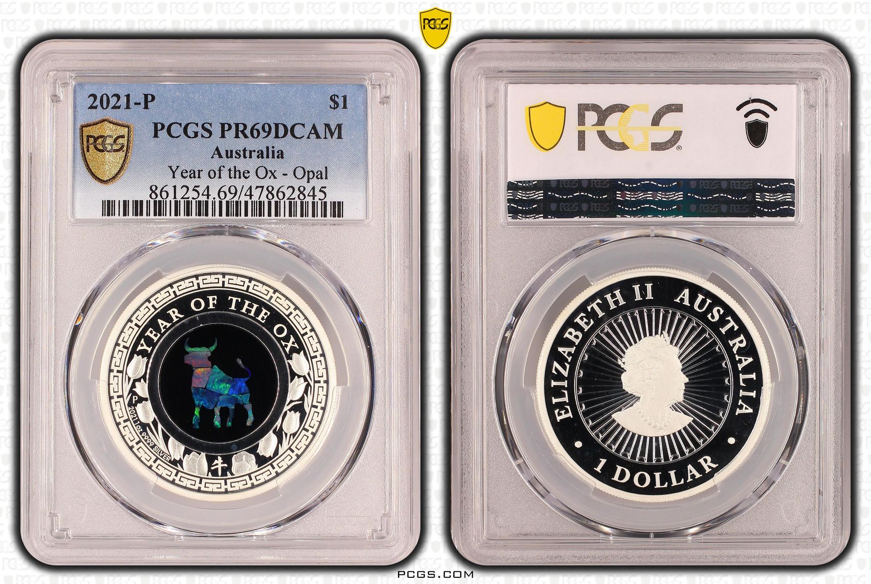 Year of the Ox Opal Ag, One Dollar, 2021-P, PCGS PR69DCAM