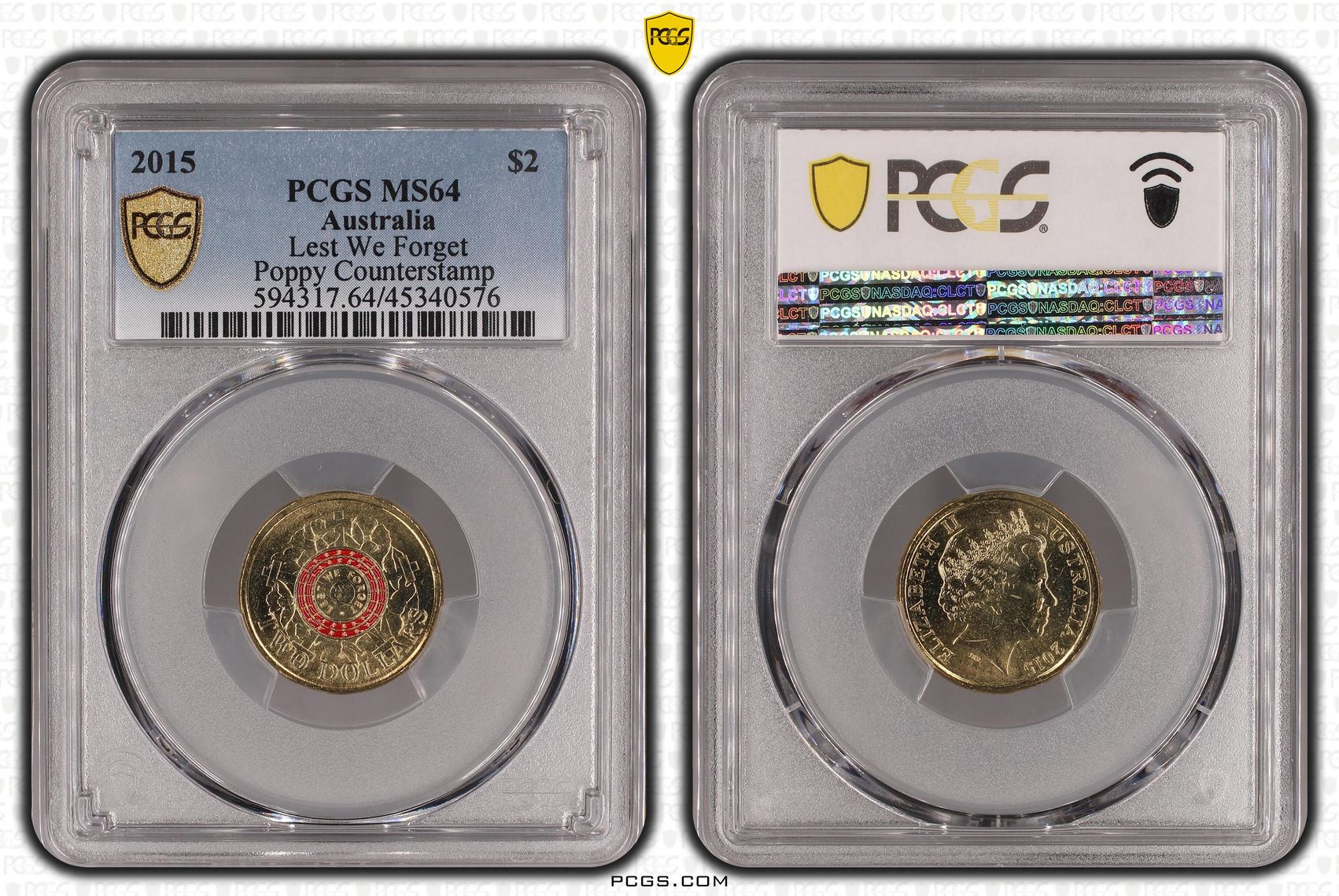 Lest We Forget Colorized Poppy counterstamp, Two Dollar, 2015, PCGS MS64