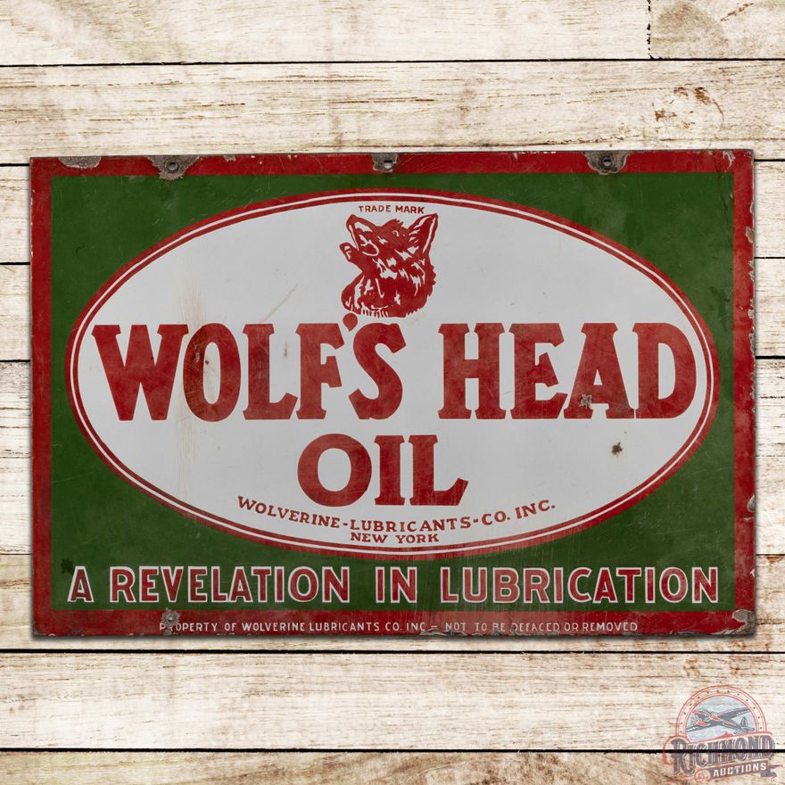 Wolf's Head Oil "A Revelation in Lubrication" Double Sided Porcelain Sign