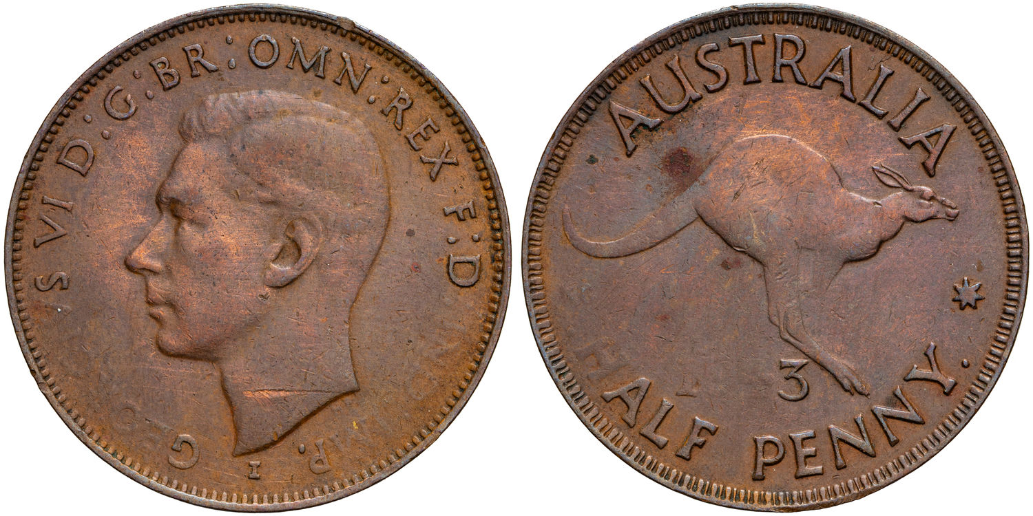 George VI, Filled die, Halfpenny, 1943-I, aEF