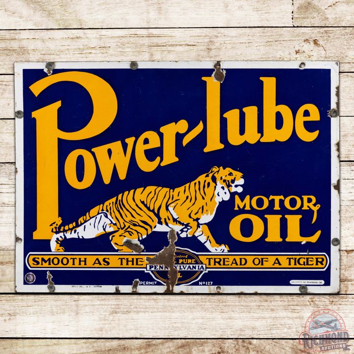 Power-Lube Motor Oil "Smooth as the Tread of a Tiger" Double Sided Porcelain Sign