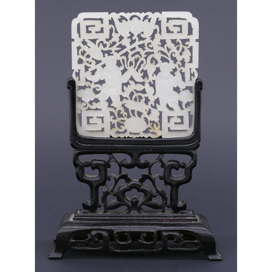 Fine Chinese Jade Ho Ho Twins Plaque on Stand